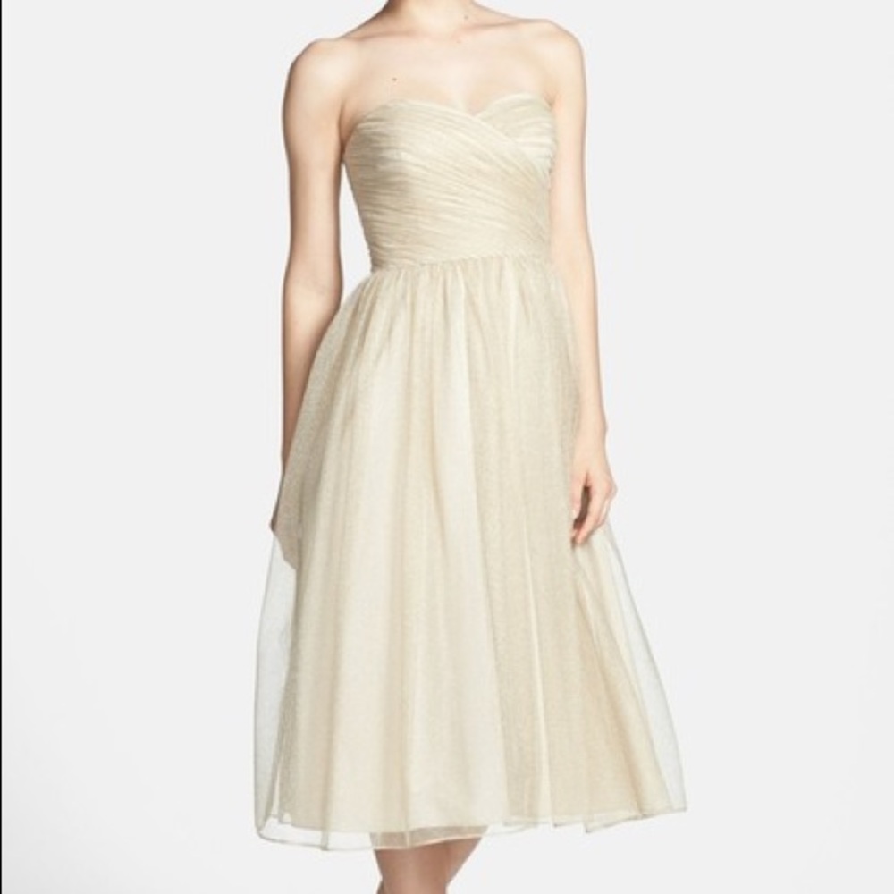 Strapless metallic tulle tea length dress